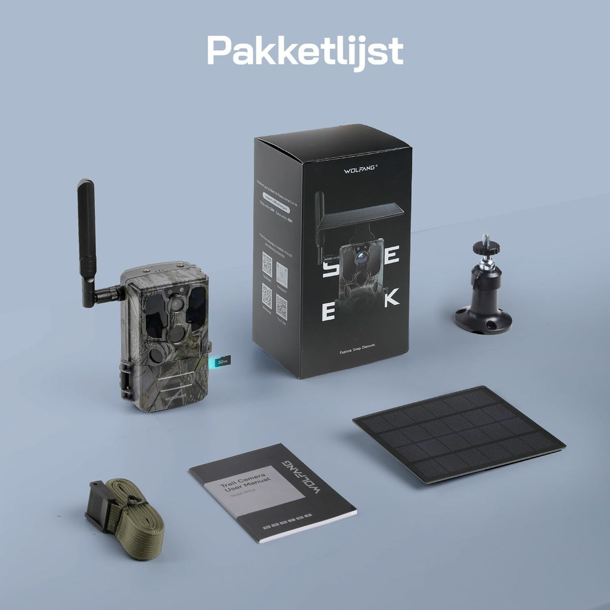 WOLFANG WT04 Jachtcamera, 4G Fotoval op Zonne-energie met Vooraf Geïnstalleerde Simkaart en SD-kaart, Externe 2.5K-jachtcamera met Zonnepaneel, Onzichtbaar Infrarood, PIR-detectie, Waterdicht