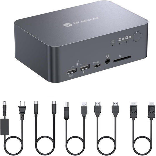 AV Access Dual Monitor KVM Switch Docking für Laptop & Desktop - Typ C Laden, Ethernet, EDID, HDMI & DisplayPort, USB-C MST Dual 4K@60Hz Display, USB 3.0, Vollaluminium Design