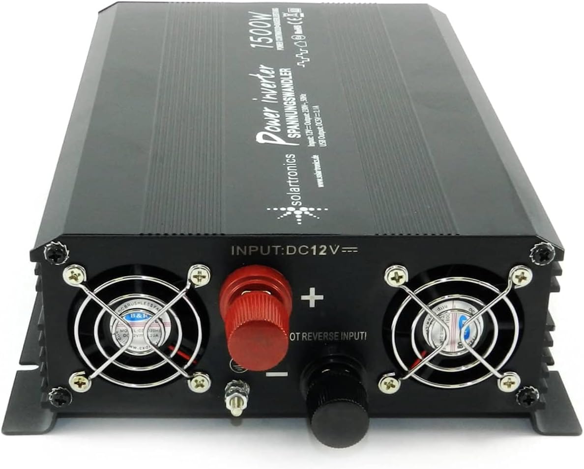 SOLARTRONICS Spanningsomvormer NM1500 12V 1500 Watt ZWART - 3000 Watt piekvermogen - omvormer 12 V naar 230 V - LifePO4 / lithium, lood- of AGM-batterij compatibel - met Schuko- en USB-aansluiting