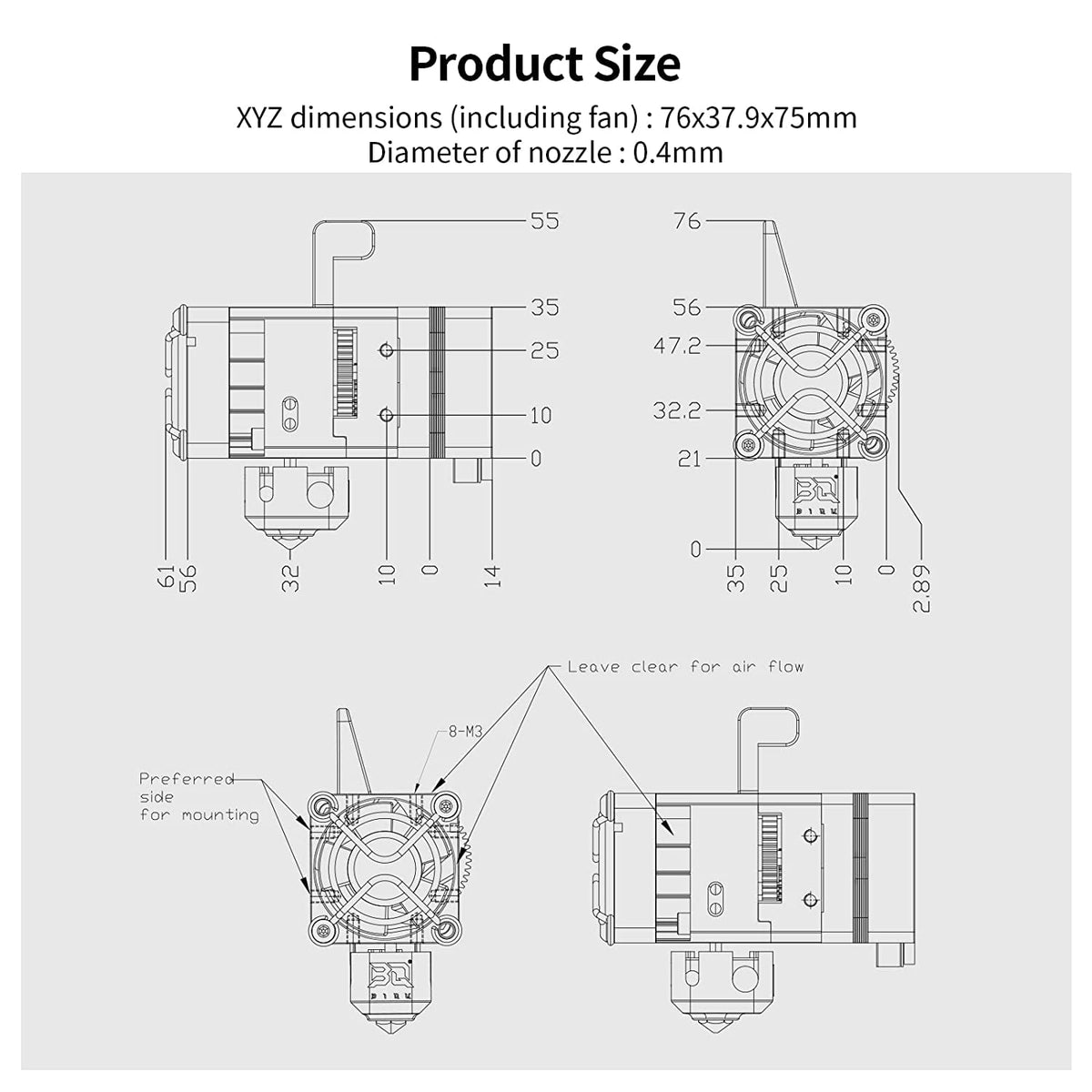 BIQU H2 500 °C Directe Aandrijving Hot-End, Volledig Metalen Heat Break Dual Gear Extruder voor B1 SE Plus DIY 3D-Printerkits