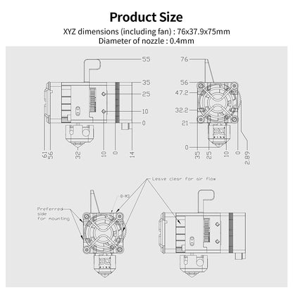 BIQU H2 500 °C Directe Aandrijving Hot-End, Volledig Metalen Heat Break Dual Gear Extruder voor B1 SE Plus DIY 3D-Printerkits