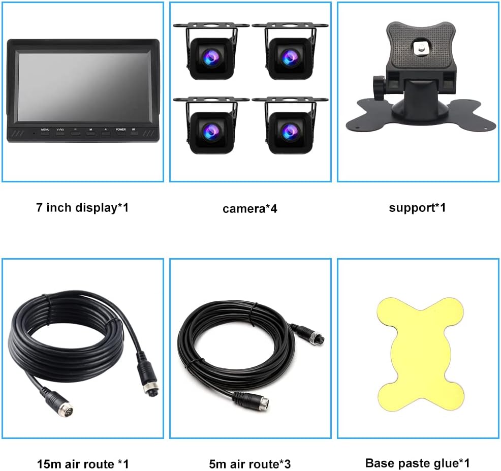 OBEST Achteruitrijcamera en monitorset, 7 inch, 4-kanaals gedeelde beeldscherm, rijopnamefunctie, 4-weg bewaking, achteruitrijbeeld, waterdicht nachtzicht, geschikt voor 9-36 V
