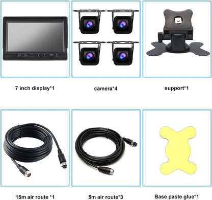 OBEST Achteruitrijcamera en monitorset, 7 inch, 4-kanaals gedeelde beeldscherm, rijopnamefunctie, 4-weg bewaking, achteruitrijbeeld, waterdicht nachtzicht, geschikt voor 9-36 V