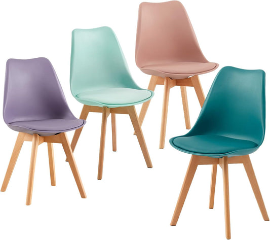 EGGREE Scandinavische eetkamerstoel, SGS-getest, gestoffeerde keukenstoel, retro-bureaustoel met poten van massief beukenhout, roze fumé + turquoise + mintgroen + paarsgrijs, set van 4 stoelen