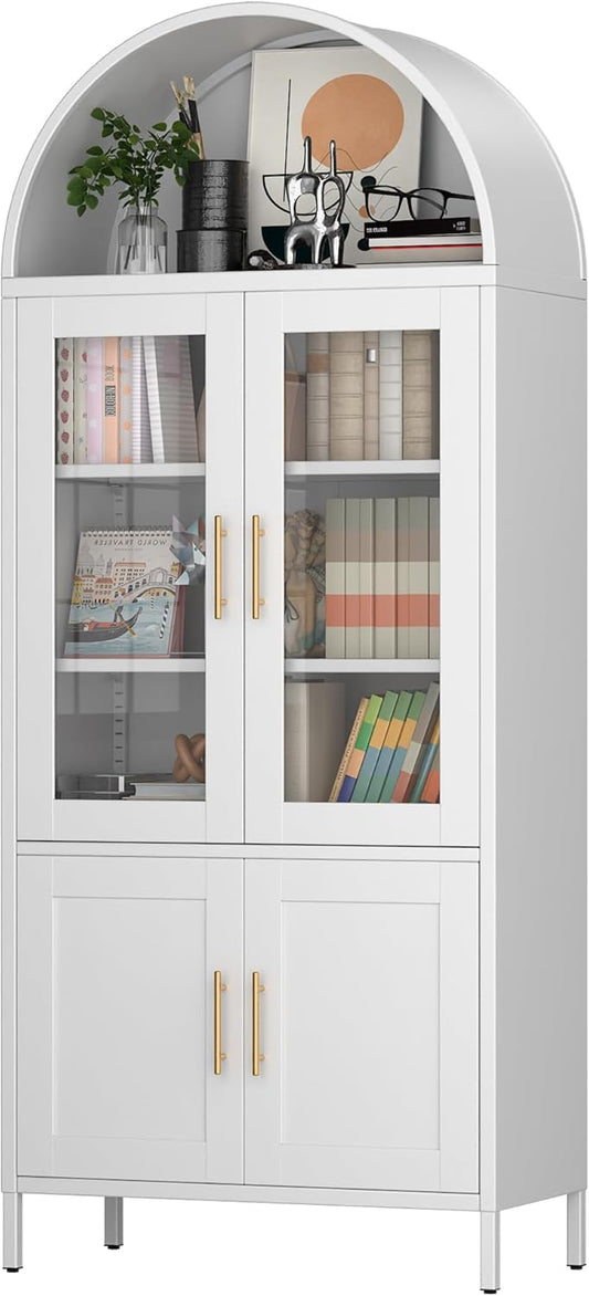 SUPEER Vitrinekast van metaal, dressoir, staande kast met gebogen dak, vitrinekast, keukenkast met 2 glazen deuren en 2 metalen deuren, glazen vitrinekast voor woonkamer, slaapkamer, 185 x 80 x 40 cm