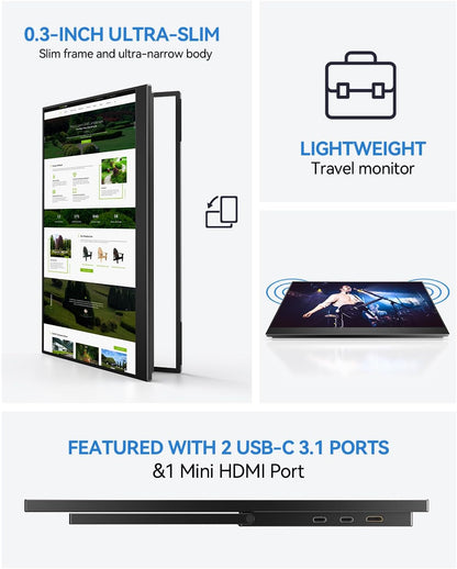 UPERFECT Draagbare Monitor 17,5 inch, 1920×1200P FHD Portable Monitor 16:10 125% sRGB 1500:1 IPS met USB-C & HDMI, Ultradun - Oogbescherming - Extern Tweede Scherm voor pc/Mac/PS3/4/5/Xbox