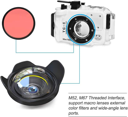 Sea frogs voor Olympus TG-6 195FT/60M Onderwater Camera Waterdichte Duikbehuizing Zwart (Behuizing + Rode Filter)