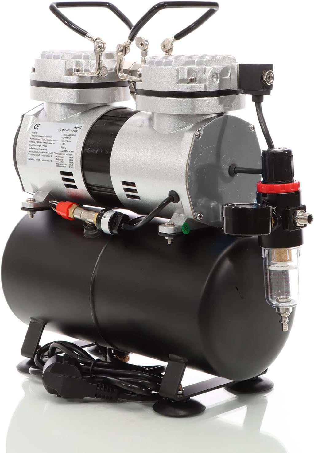 Wiltec airbrush compressor AS196 met luchttank 2-cilinder zuiger 6 bar automatische uitschakelfunctie