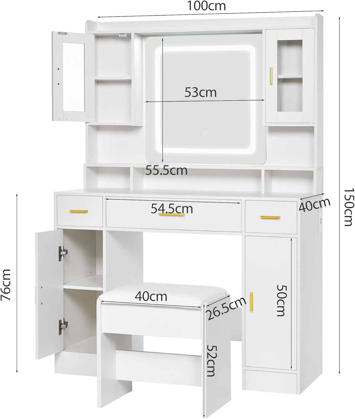 ANWBROAD Large White Dressing Table with Mirror and Lighting Modern 3 Colors Brightness Adjustable 4 Cabinets 3 Drawers 150x100x40cm BDT66W - QUORE