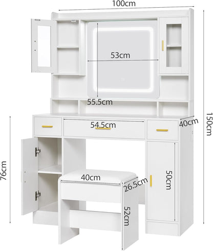 ANWBROAD Large White Dressing Table with Mirror and Lighting Modern 3 Colors Brightness Adjustable 4 Cabinets 3 Drawers 150x100x40cm BDT66W - QUORE