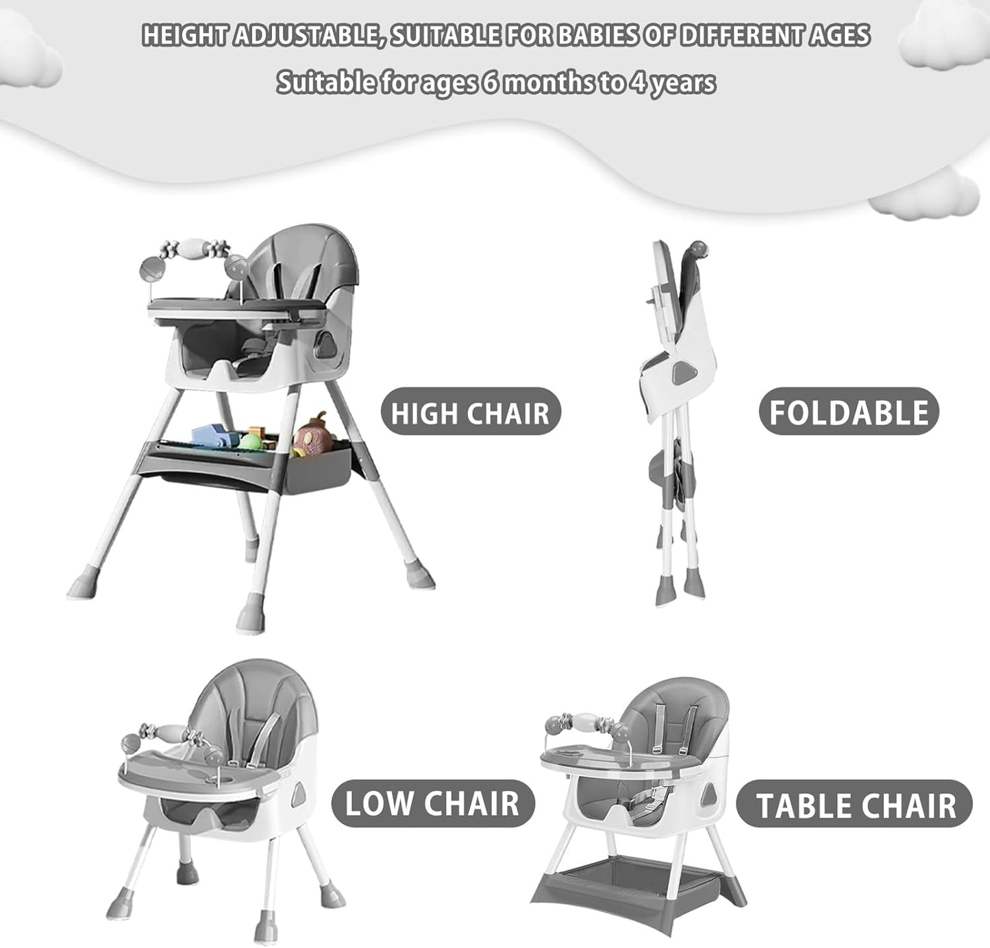 Opvouwbare Kinderstoel - Met Grote Antislipmat en Speelgoedrek - 6 Maanden plus - Grijs