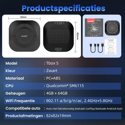 CarlinKit Android 13 CarPlay AI Box, draadloze CarPlay en draadloze Android Auto Adapter voor bedrade CarPlay auto's, RAM 4G+ROM 64G, Carlinkit Tbox S2 Ondersteuning PlayStore Apps Downloaden, Netflix
