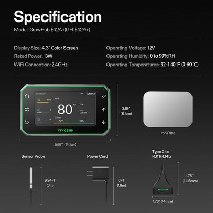 VIVOSUN GrowHub Controller E42A voor kweektent, slimme milieu-wifi-controller met temperatuur, vochtigheid, VPD, timer, cyclus, schemabesturing, koeling ventilatie verlichting programmering