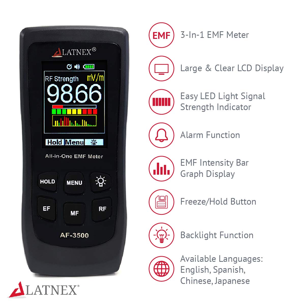 LATNEX AF-3500 EMF-meetinstrument en -lezer met kalibratiecertificaat, meet RF en magnetrons, 3-assige Gaussische magneetvelden en elektrische velden ELF