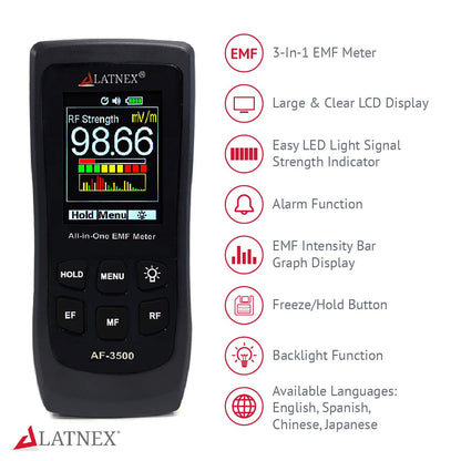 LATNEX AF-3500 EMF-meetinstrument en -lezer met kalibratiecertificaat, meet RF en magnetrons, 3-assige Gaussische magneetvelden en elektrische velden ELF