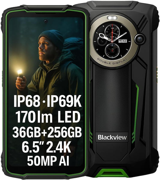 Blackview BV8200 Smartphone Incassable, Lampe Torche 170 Lumens, Double Écran, Helio G100 36GB+256GB, 6,5'' 120Hz 2.4K FHD+, Caméra AI 50MP, IP68 IP69K Android 14 Téléphone Étanche, GPS NFC Vert