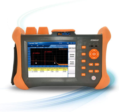 1310/1550nm 32/30dB OTDR 5,6 inch touchscreen reflectometer glasvezel 120 km (74,5 mi) testafstand glasvezel tester met visuele fout locator (VFL) (OTDR32F-T1-B)