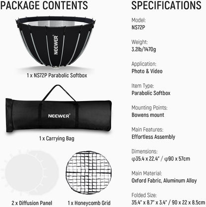 Parabolische Softbox Kit – Softbox – Bowens Softbox – Studio Softbox – Lichtmodifier – 90 Cm Bowens Mount Compatibel – Dubbele Diffusers En Honingraatrooster