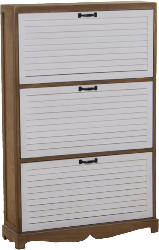DRW Schoenenkast met 3 deuren van paulownia-hout in natuur en wit, 76 x 22 x 119 cm
