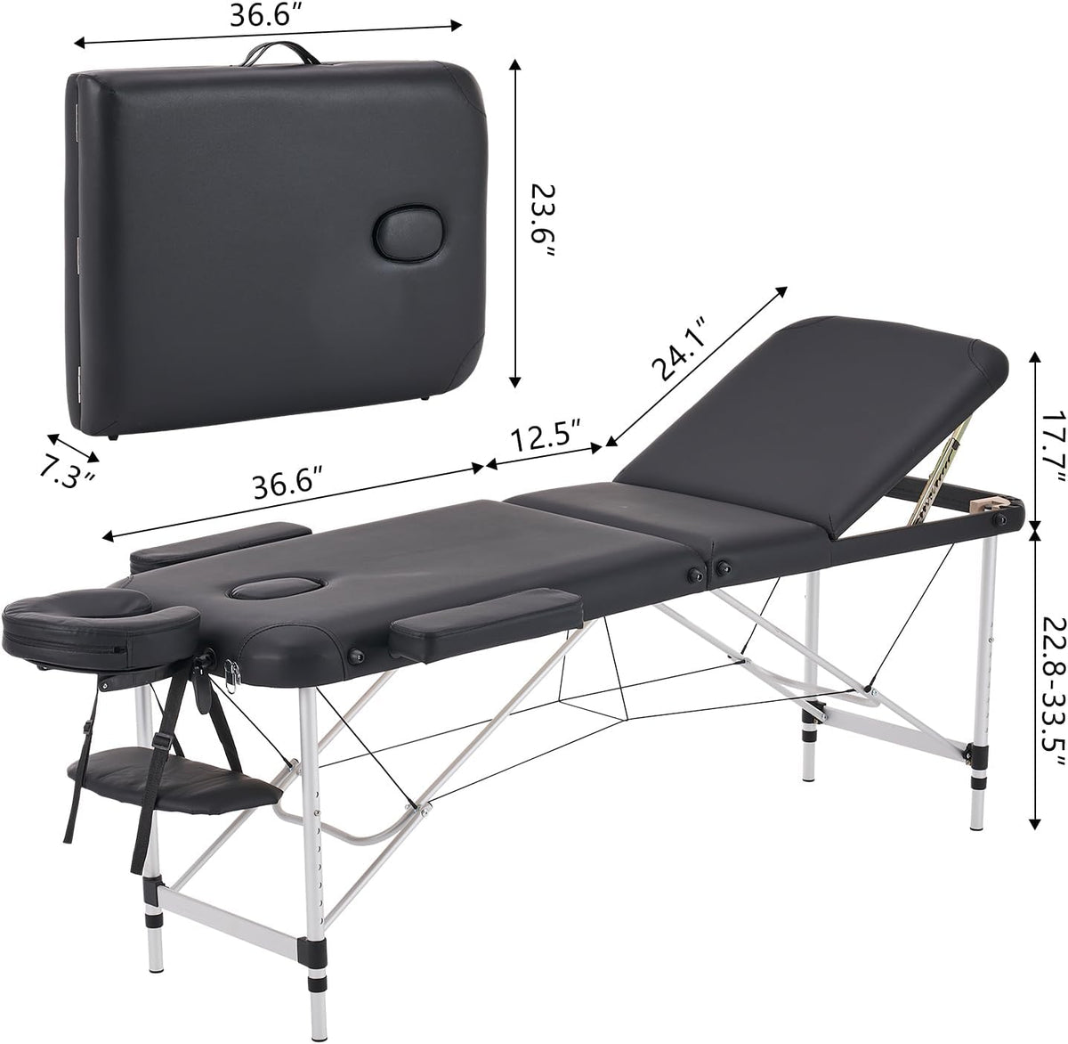 Massagetafel – Behandeltafel – Massagebed – Tattootafel – Esthetische Tafel – Zwart – Opvouwbaar En Draagbaar – Verstelbaar In 3 Delen Met Aluminiumlegering En 5 Cm Schuimvulling