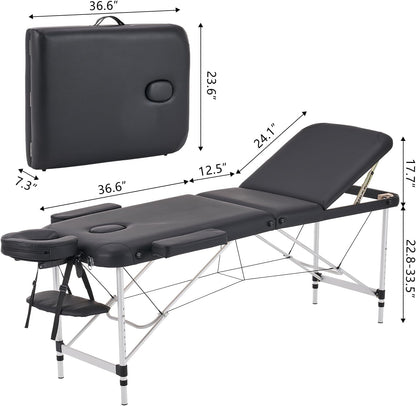 Massagetafel – Behandeltafel – Massagebed – Tattootafel – Esthetische Tafel – Zwart – Opvouwbaar En Draagbaar – Verstelbaar In 3 Delen Met Aluminiumlegering En 5 Cm Schuimvulling