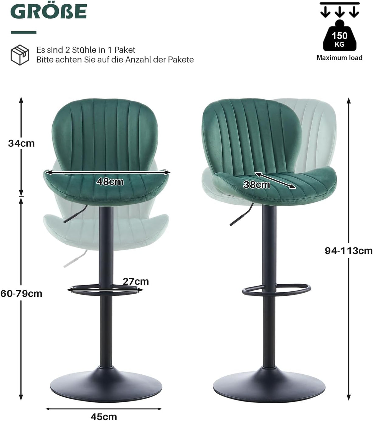 TUKAILAI Barkruk, set van 2 van fluweel, barstoel, in hoogte verstelbaar, 360 graden draaibaar, kruk met rugleuning, voetensteun, metalen frame, gevoerde keukenkruk, barstoel voor keukenbars, groen