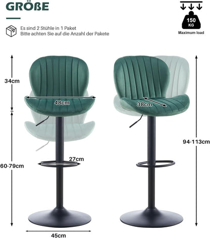 TUKAILAI Barkruk, set van 2 van fluweel, barstoel, in hoogte verstelbaar, 360 graden draaibaar, kruk met rugleuning, voetensteun, metalen frame, gevoerde keukenkruk, barstoel voor keukenbars, groen