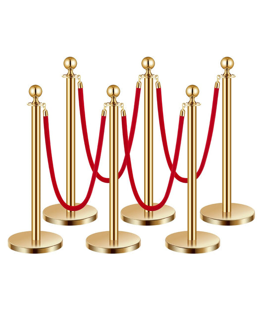 VEVOR Closing posts locking (6 pieces) for controlling crowds with 4 red velvet ropes (1.5 m long), stainless steel closing stand with refillable base for exhibitions gold