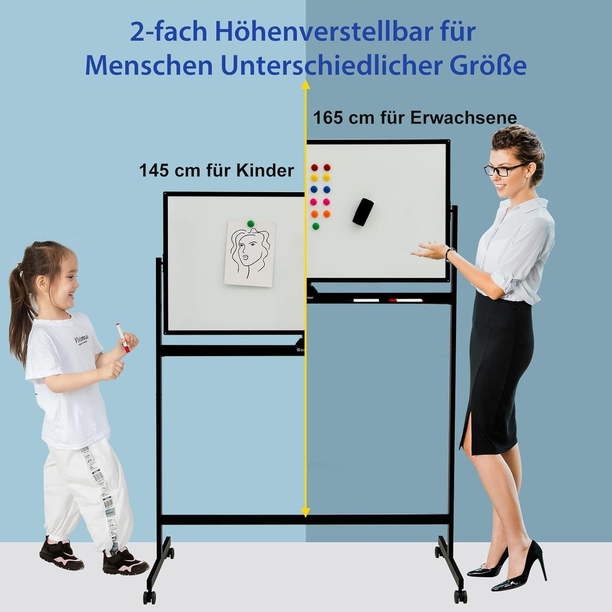 FANTASK Mobiel whiteboard, 120 x 60 cm, dubbelzijdig magnetisch whiteboard met standaard en wielen, droog afwisbaar