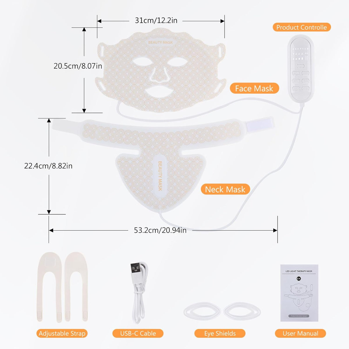 Led-Lichttherapiemasker voor Gezicht en Hals – Led Gezichtsmasker – Gezichtsmasker – Led Masker – Lichtmasker – 175 Ledlampjes – 7 Lichtstanden en 850 Nm Infrarood – Wit