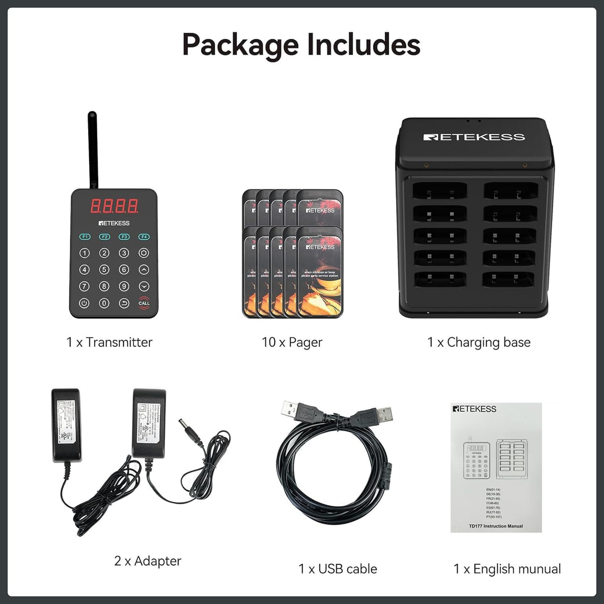 Retekess TD177 Call System Restaurant, Pager System, Outdoor 500M, Automatic Coupling, IP67 Waterproof, Group Call Function, 10 Pagers for Restaurant, Food Truck, Bar - QUORE