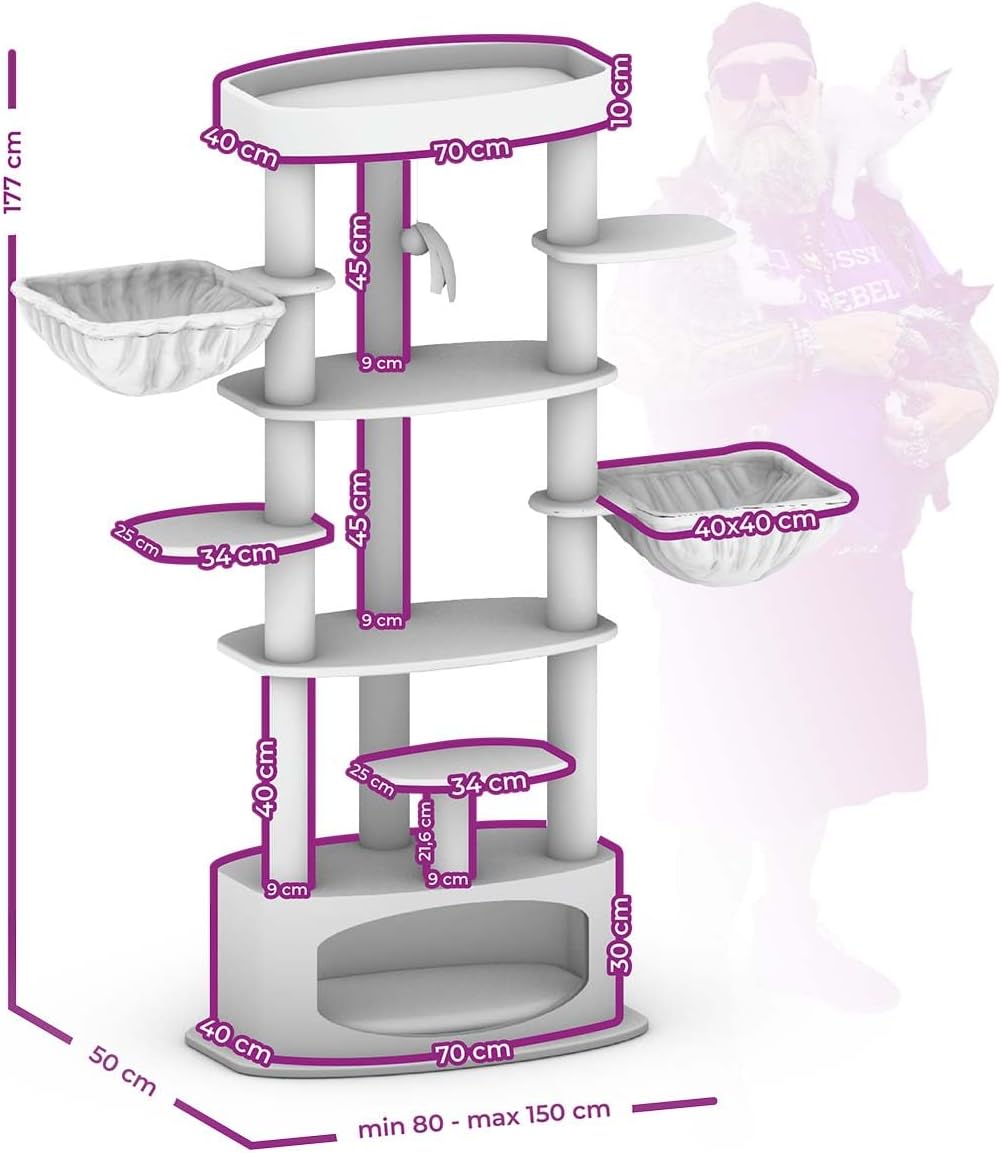 Kattenkrabpaal – Krabmeubel – Kattenboom – Krabton – Krabhuis – Zwart – 177 cm Hoog – Inclusief Comfortabele Ligbak & Ruim Kattenhol