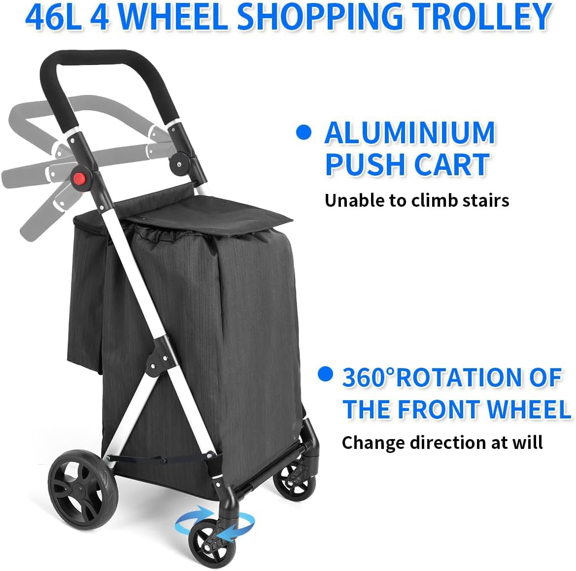 Boodschappentrolley, 4 wielen boodschappentrolley, 46L aluminium winkelwagentje, opvouwbare boodschappentrolley met geïsoleerde koeltas (zwart)