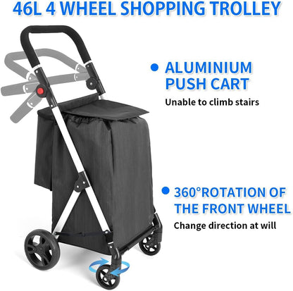 Boodschappentrolley, 4 wielen boodschappentrolley, 46L aluminium winkelwagentje, opvouwbare boodschappentrolley met geïsoleerde koeltas (zwart)