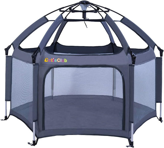 Foldable Baby Playpen with Mattress, Square, Play Playpen with Anti-UV Canopy, Travel Box with Carry Bag, for Home, Garden, Beach, Outdoor, Grey - QUORE