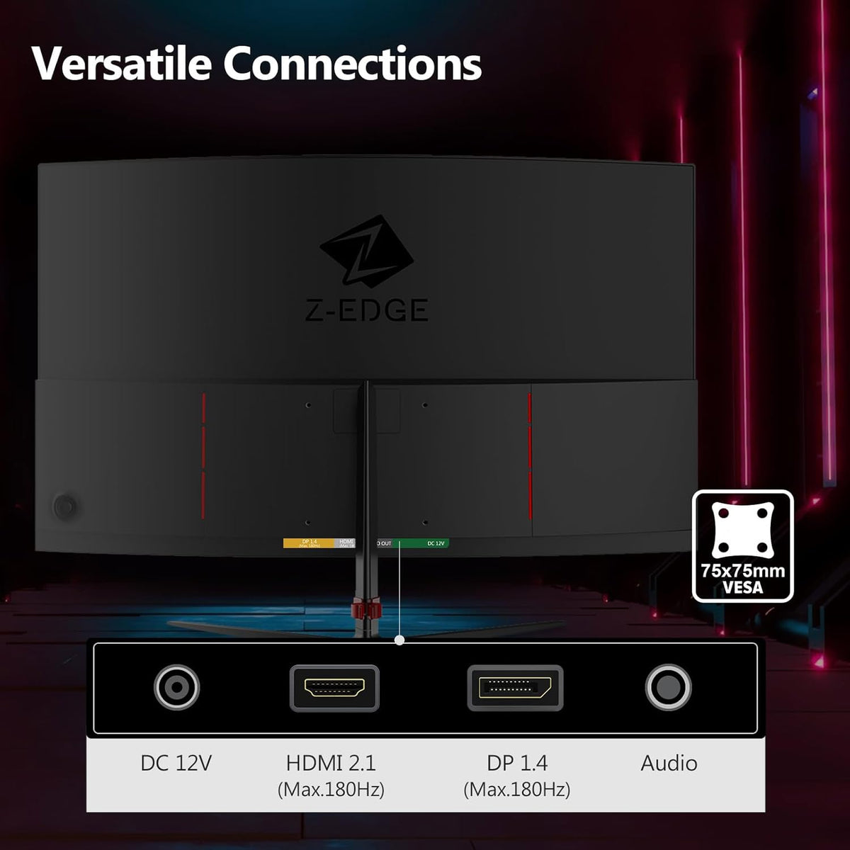 Z-Edge Gaming Monitor Gebogen 24'' 180 Hz/165 Hz/144 Hz, FHD (1920x1080), 1 ms MPRT, FreeSync, gamingmonitor met DP-kabel, 1650R VA, 300cd/m², HDMI 2.1 & DP 1.4, Verstelbare Kanteling, 178° kijkhoek