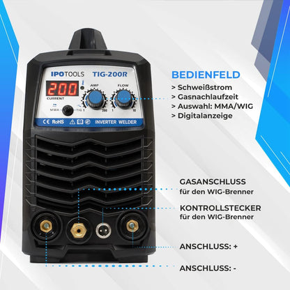 IPOTOOLS TIG-200R WIG lasapparaat DC - TIG WIG lasapparaat, 200 ampère, volledig digitaal inverter, lasapparaat met digitaal lcd-display, HF-ontsteking, MMA E-hand, IGBT, 7 jaar garantie