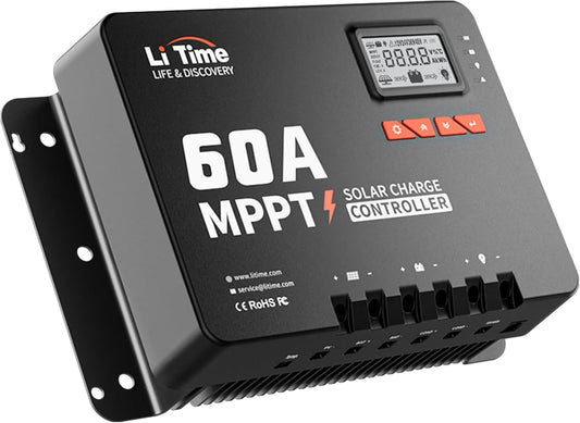 LiTime MPPT zonneregelaar, 60 A, 12 V/24 V/36 V/48 V, max. 3200 W, automatische DC-ingang met bluetooth-adapter, instelbaar lcd-display, led-indicatoren, voor lithiumbatterij
