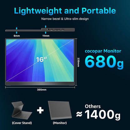 cocopar Draagbare monitor 16 inch 2,5 K QHD 120 Hz 110% sRGB reismonitor met luidspreker HDMI USB-C tweede scherm voor laptop MacBook Surface PC Xbox PS4/5, VESA Mountable, met kickstand