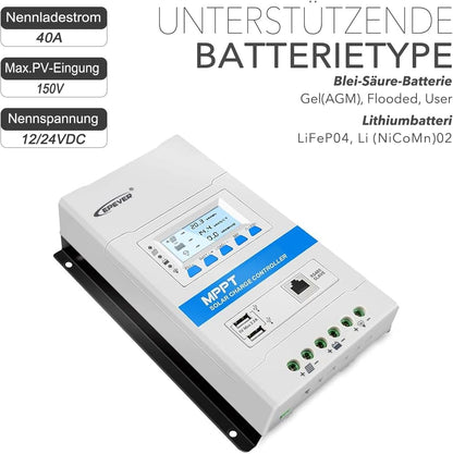EPEVER® Triron4215N MPPT Solar laadregelaar 40A, automatische detectie 12/24V, max. PV 150V
