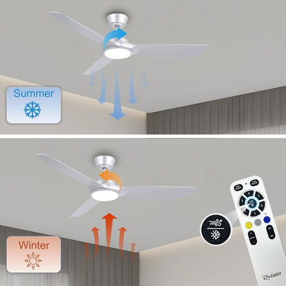 Ovlaim Plafondventilator, 132 cm, met kunststof bladen en ledverlichting, incl. afstandsbediening, DC-energiebesparende motor, ultralicht, voor zomer en winter, zilver [energieklasse D].
