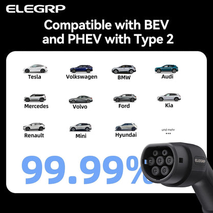 ELEGRP 11 kW mobiele Wallbox met type 2-oplaadkabel, driefasige oplader voor elektrische voertuigen, instelbaar van 6 tot 16 A, 6 m kabel, IP67 waterdicht, mobiel laadstation IEC 62196-2