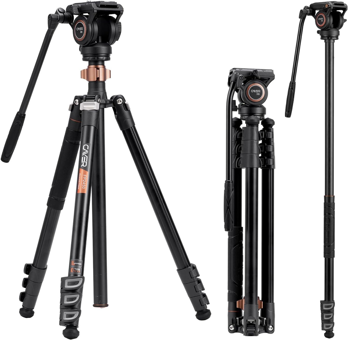 Cayer Aluminium videostatief, 75 inch, 4-delig, vloeistofkop, 6 kg draagvermogen, zilver, DSLR-camera, camcorder
