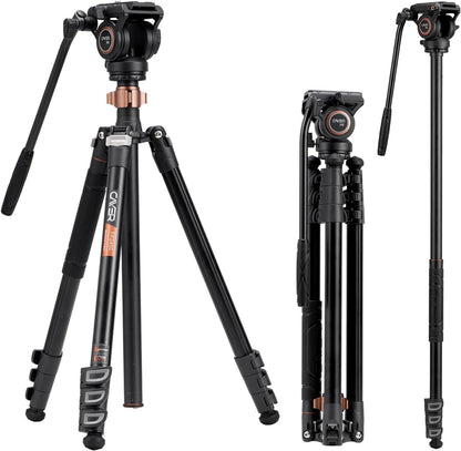 Cayer Aluminium videostatief, 75 inch, 4-delig, vloeistofkop, 6 kg draagvermogen, zilver, DSLR-camera, camcorder