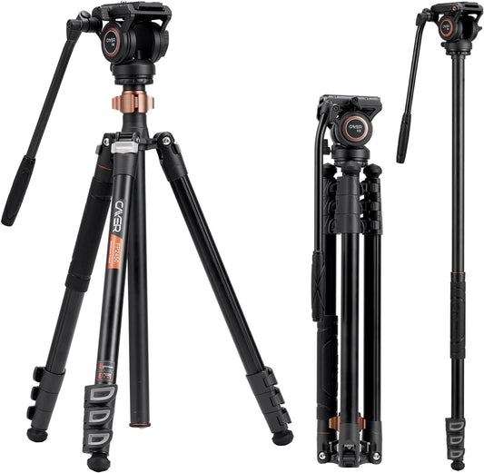 Cayer Aluminium videostatief, 75 inch, 4-delig, vloeistofkop, 6 kg draagvermogen, zilver, DSLR-camera, camcorder