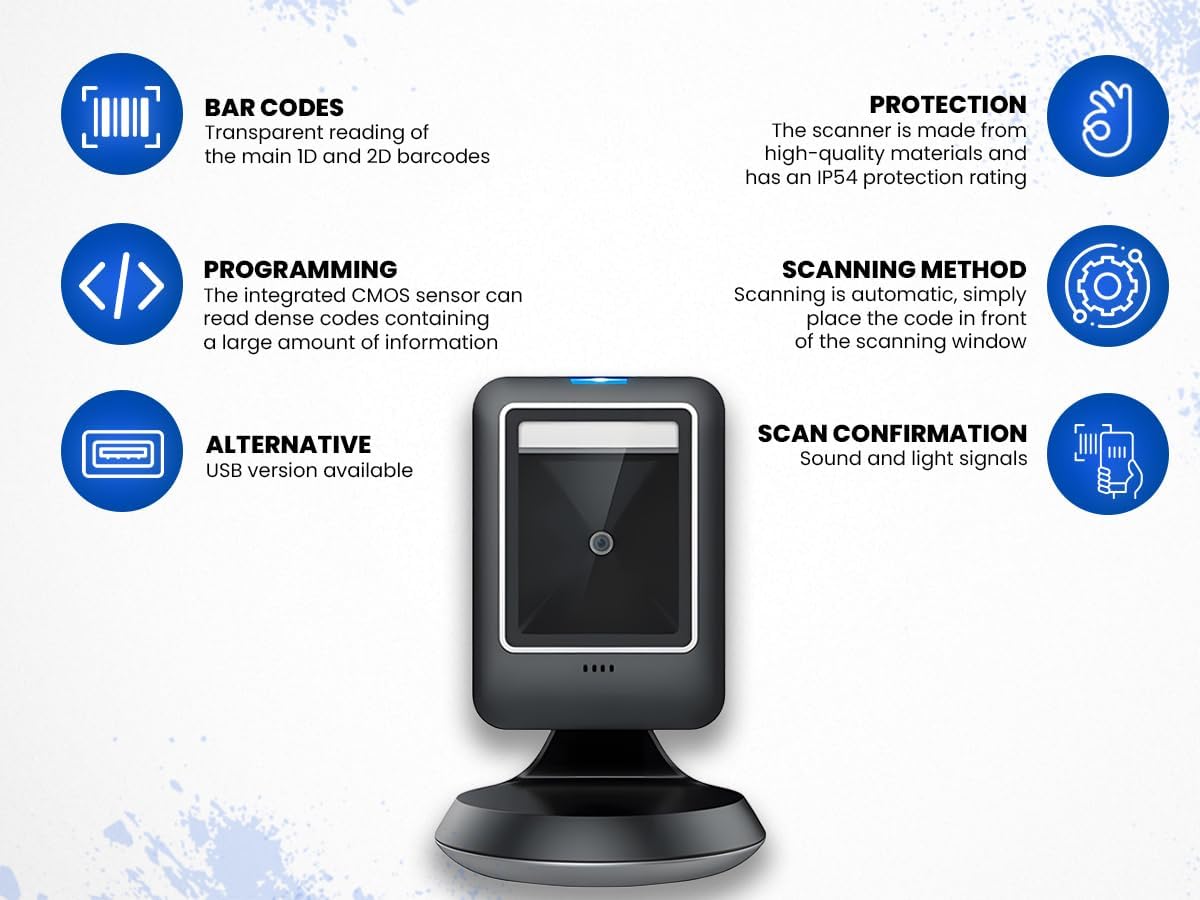 HD-S63-RS232, Streepjescodescanner, QR/1D/2D-lezer, RS232, Auto-Sense, IP54, Plug & Play, Compatibel met Meerdere Besturingssystemen, Lezen van Schermen