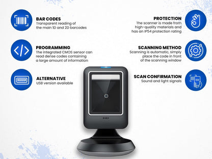 HD-S63-RS232, Streepjescodescanner, QR/1D/2D-lezer, RS232, Auto-Sense, IP54, Plug & Play, Compatibel met Meerdere Besturingssystemen, Lezen van Schermen