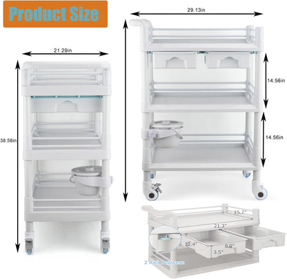 Rolling Utility Cart,Qiwey Grote Medische Utility Cart met 2 Laden,3-Tier Esthetician Cart met Wielen voor Schoonheidssalon SPA Commerciële Ziekenhuis Kantoor Lab Cart Wit