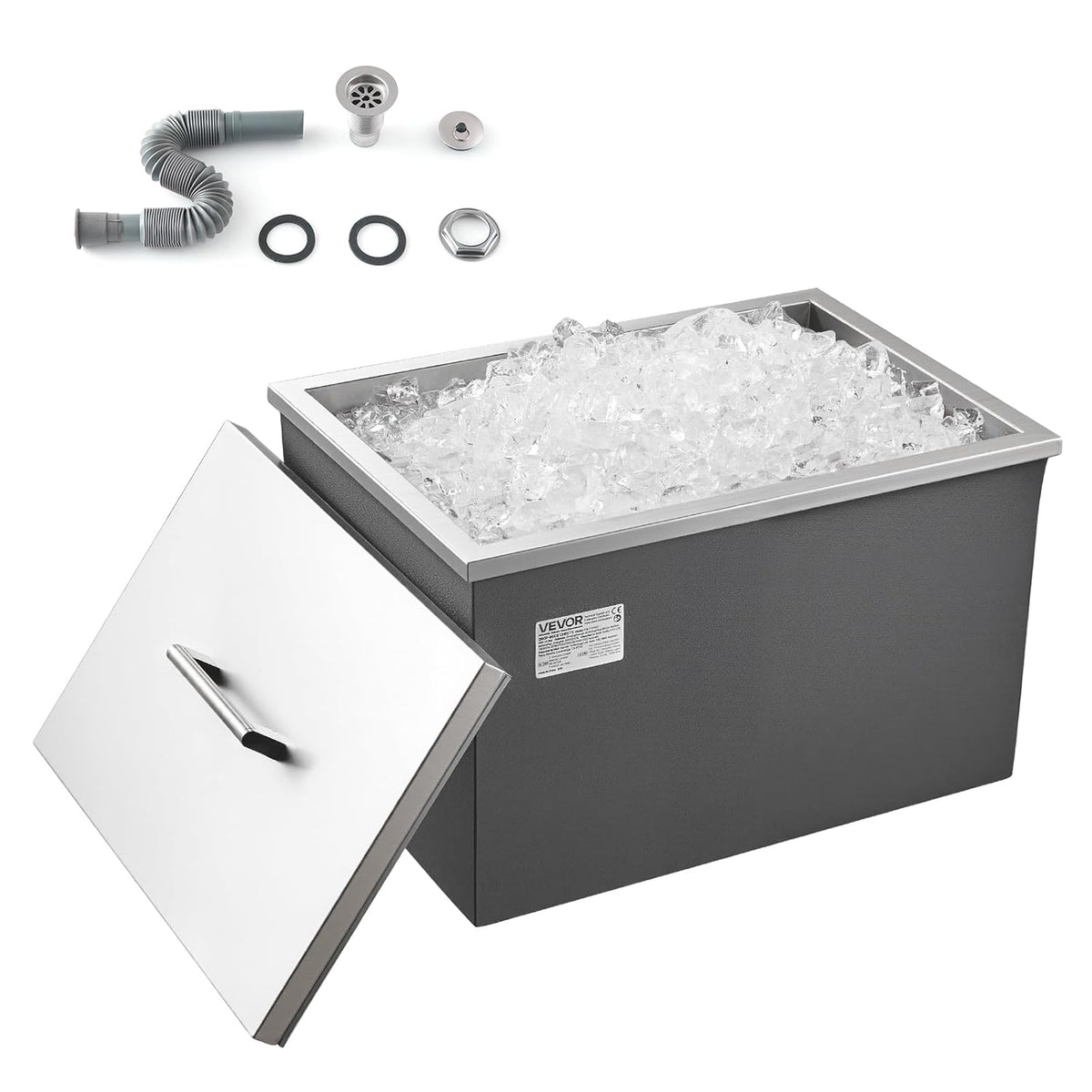 VEVOR Drop in Ice Chest, 508 x 355 x 306mm (508 x 355 x 306mm) Stainless Steel Drop in Cooler, 30L Commercial Ice Bucket with Jar Lid for Outdoor, Drain Pipe Set Included, for Cold Wine Beer