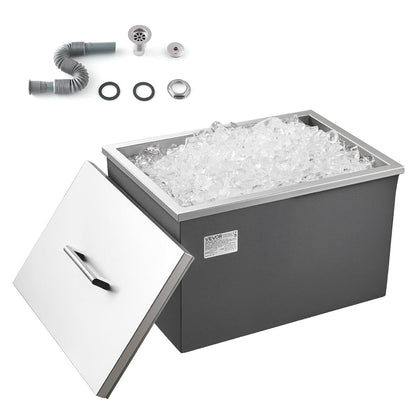 VEVOR Drop in Ice Chest, 508 x 355 x 306mm (508 x 355 x 306mm) Stainless Steel Drop in Cooler, 30L Commercial Ice Bucket with Jar Lid for Outdoor, Drain Pipe Set Included, for Cold Wine Beer